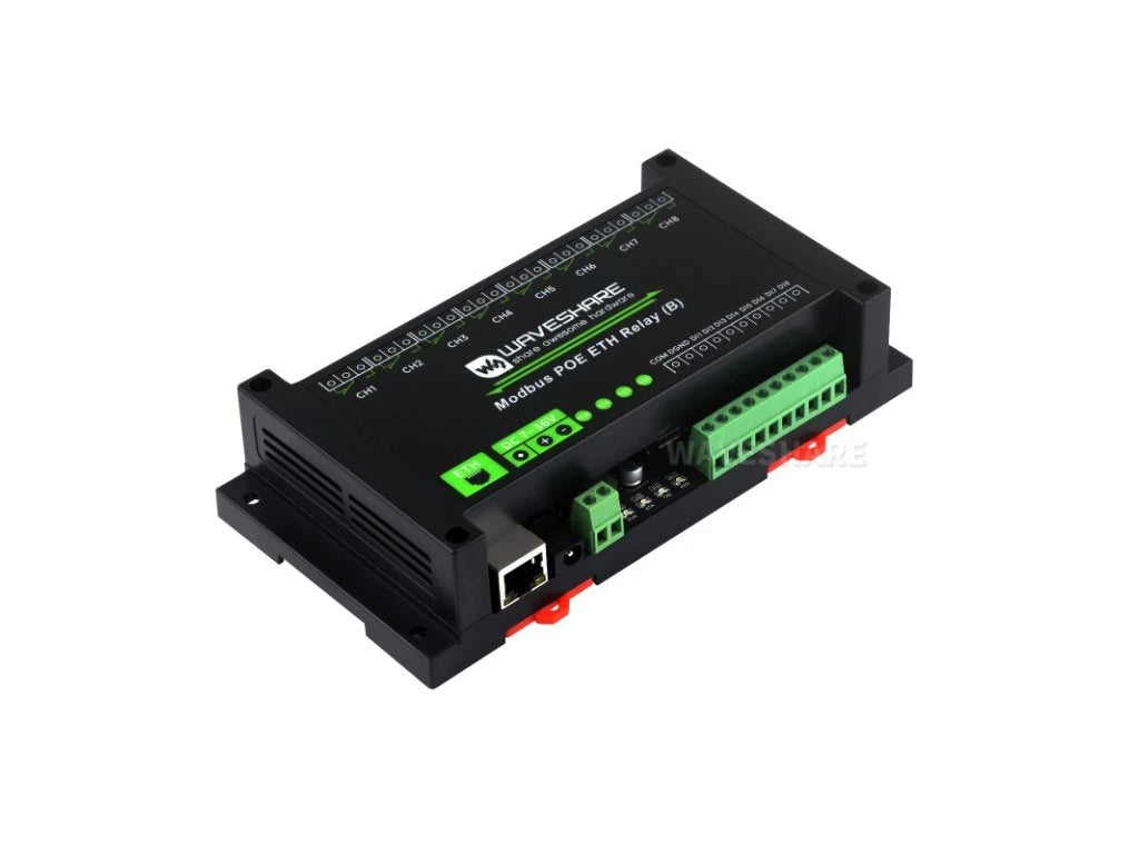 I/O modul Waveshare Modbus PoE ETH Relay (B) na bielom pozadí