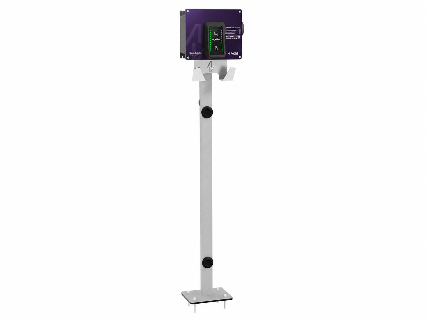 Nerezový stojan AgeVolt s ukážkou Wallboxu One s TouchPointom a zapnutou grafikou